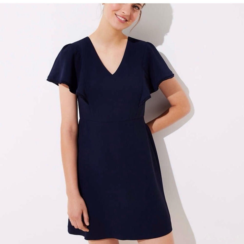 LOFT Navy Flutter Sleeve V-Neck Fit & Flare Dress Size 0